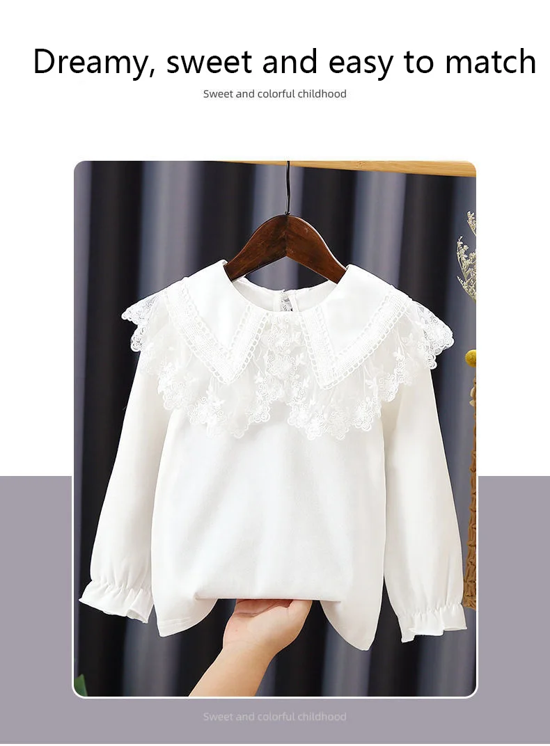 2024 Autumn Winter White BlouseTeenage Shirts Girls Tops And Blouses School Girl Lace Long Sleeve Shirt For Kids Baby Toddler