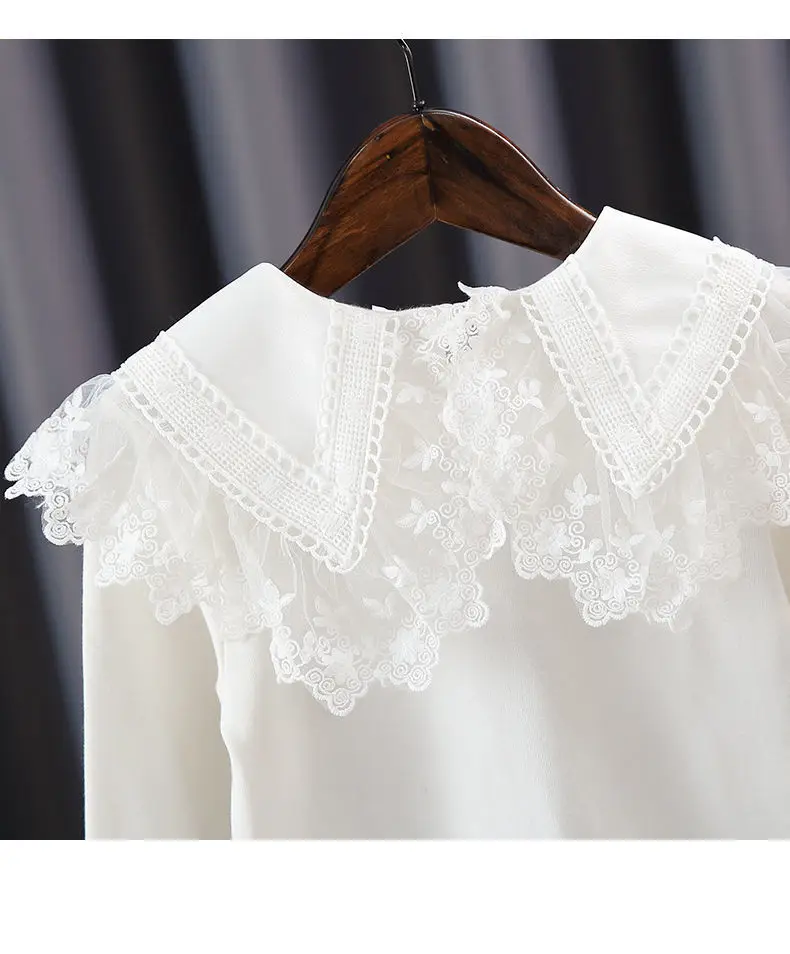 2024 Autumn Winter White BlouseTeenage Shirts Girls Tops And Blouses School Girl Lace Long Sleeve Shirt For Kids Baby Toddler