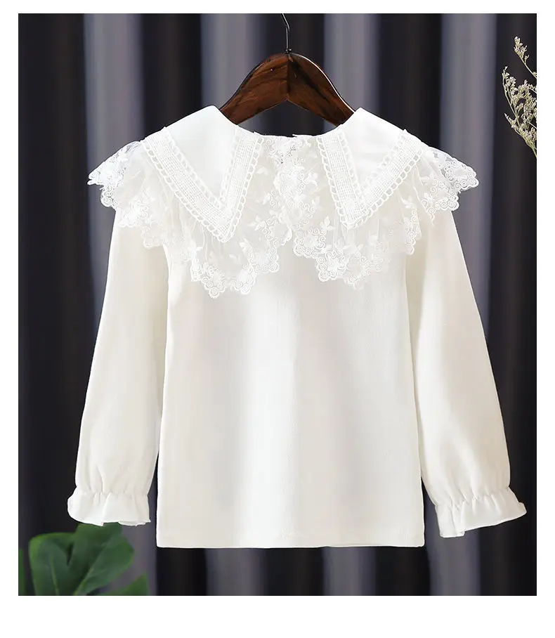 2024 Autumn Winter White BlouseTeenage Shirts Girls Tops And Blouses School Girl Lace Long Sleeve Shirt For Kids Baby Toddler