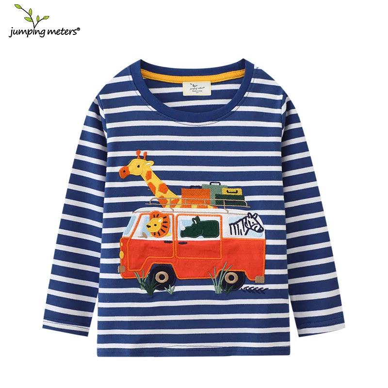 Jumping Meters 2-7T New Arrival Striped Animals Embroidery Boys Tshirts Autumn Winter Children's Clothes Long Sleeve Kids Tops