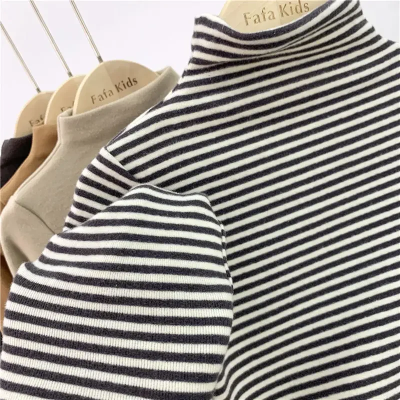 Autumn Winter Baby Boy Girl Baby Solid Long Sleeve Bottoming Shirt Children Turtleneck Casual Tshirt Kid Striped Top Clothes