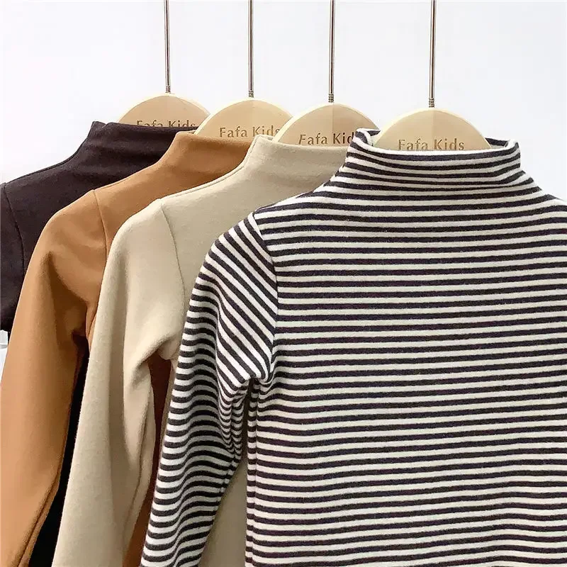 Autumn Winter Baby Boy Girl Baby Solid Long Sleeve Bottoming Shirt Children Turtleneck Casual Tshirt Kid Striped Top Clothes