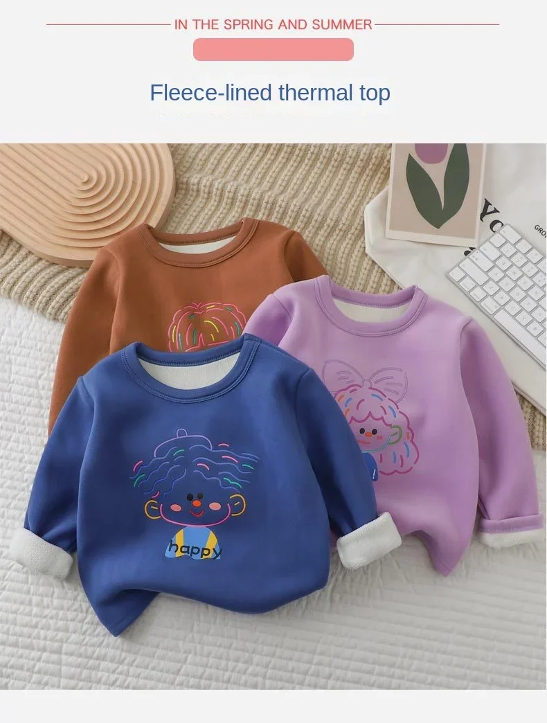 2024 Baby Sweatshirt for Girls Boy Autumn Winter Fleece Neck Base Shirt for Boys Casual Single Top Kids Long Sleeve T-shirt