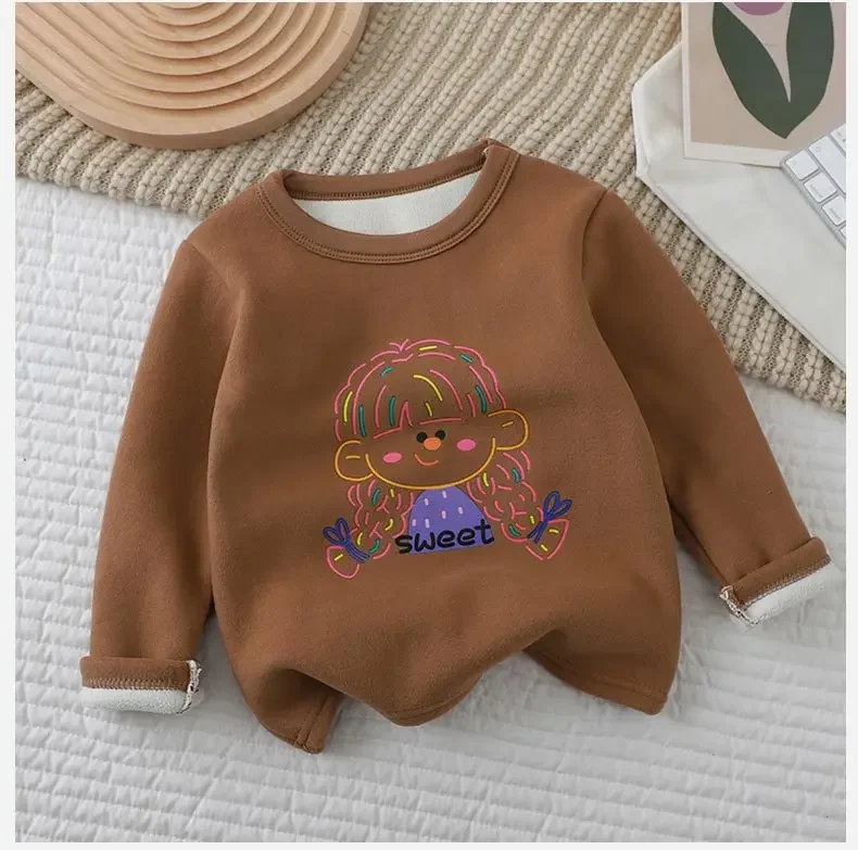 2024 Baby Sweatshirt for Girls Boy Autumn Winter Fleece Neck Base Shirt for Boys Casual Single Top Kids Long Sleeve T-shirt