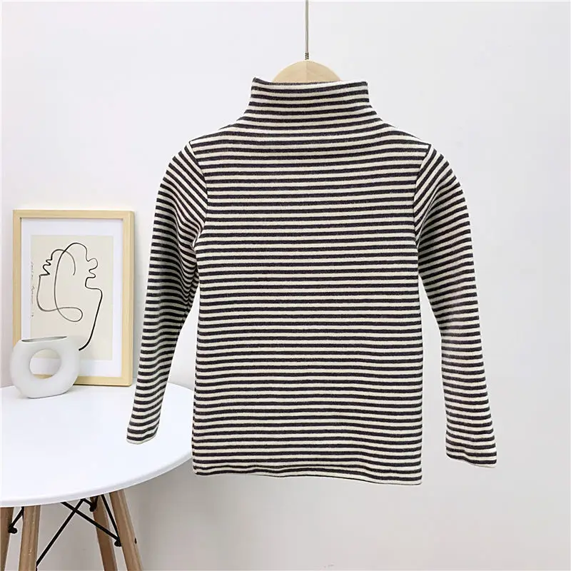 Autumn Winter Baby Boy Girl Baby Solid Long Sleeve Bottoming Shirt Children Turtleneck Casual Tshirt Kid Striped Top Clothes