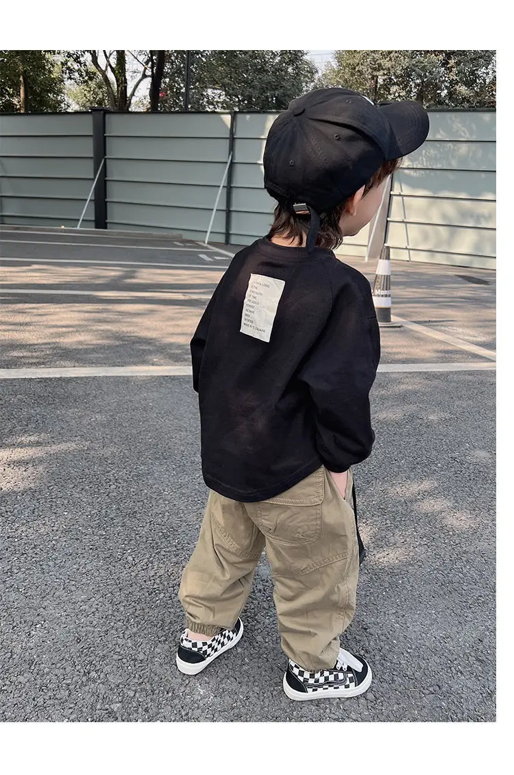 2024 Spring Autumn Fashion Boy Children Patch Letter Long Sleeve T-shirt Loose Girl Baby Bottoming Shirt Solid Kid Cotton Tops