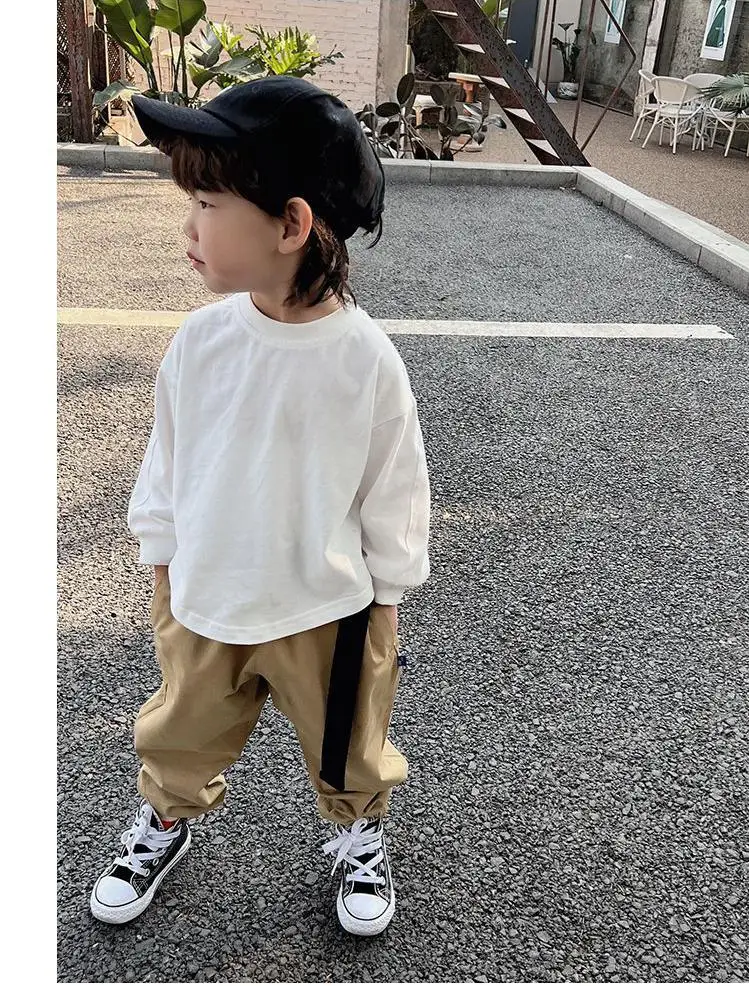 2024 Spring Autumn Fashion Boy Children Patch Letter Long Sleeve T-shirt Loose Girl Baby Bottoming Shirt Solid Kid Cotton Tops