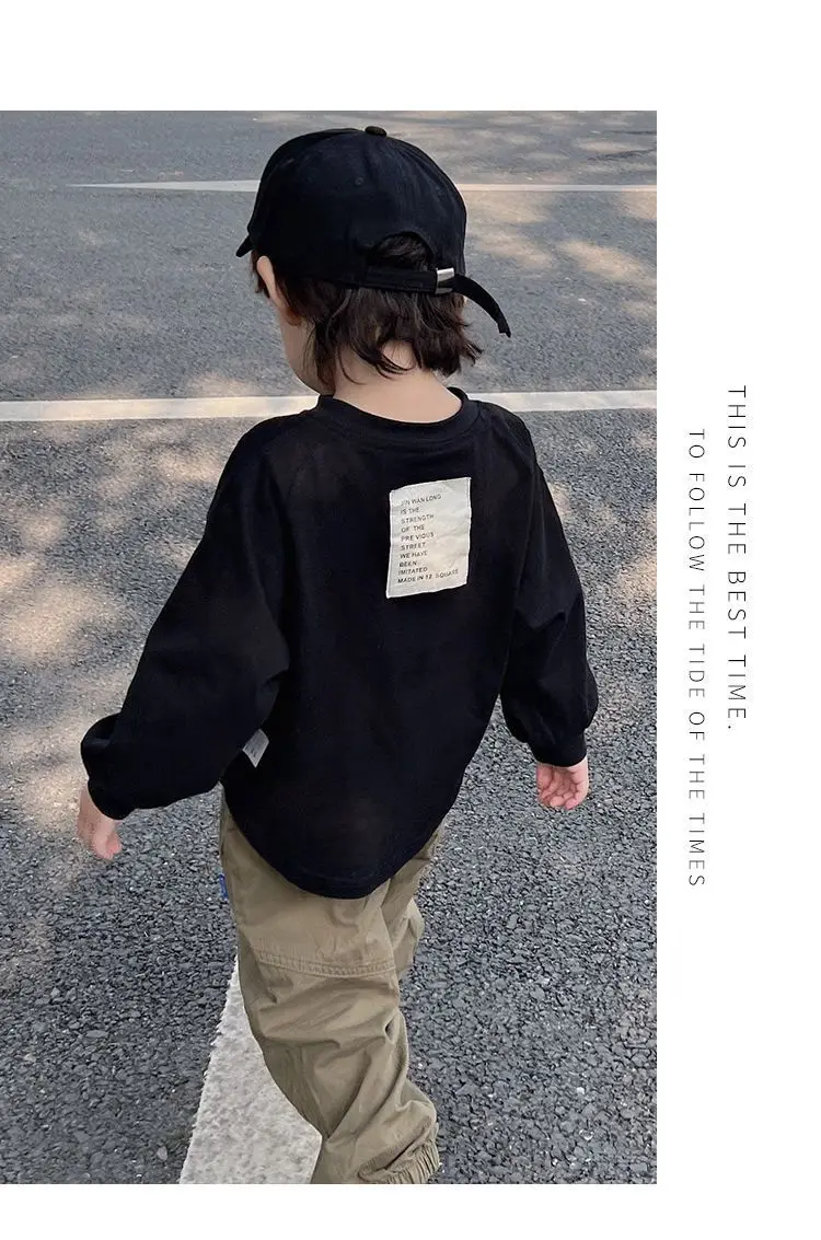 2024 Spring Autumn Fashion Boy Children Patch Letter Long Sleeve T-shirt Loose Girl Baby Bottoming Shirt Solid Kid Cotton Tops