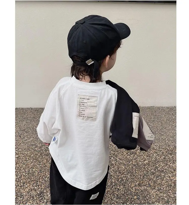 2024 Spring Autumn Fashion Boy Children Patch Letter Long Sleeve T-shirt Loose Girl Baby Bottoming Shirt Solid Kid Cotton Tops