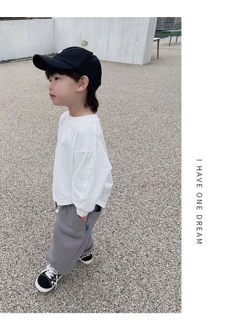 2024 Spring Autumn Fashion Boy Children Patch Letter Long Sleeve T-shirt Loose Girl Baby Bottoming Shirt Solid Kid Cotton Tops