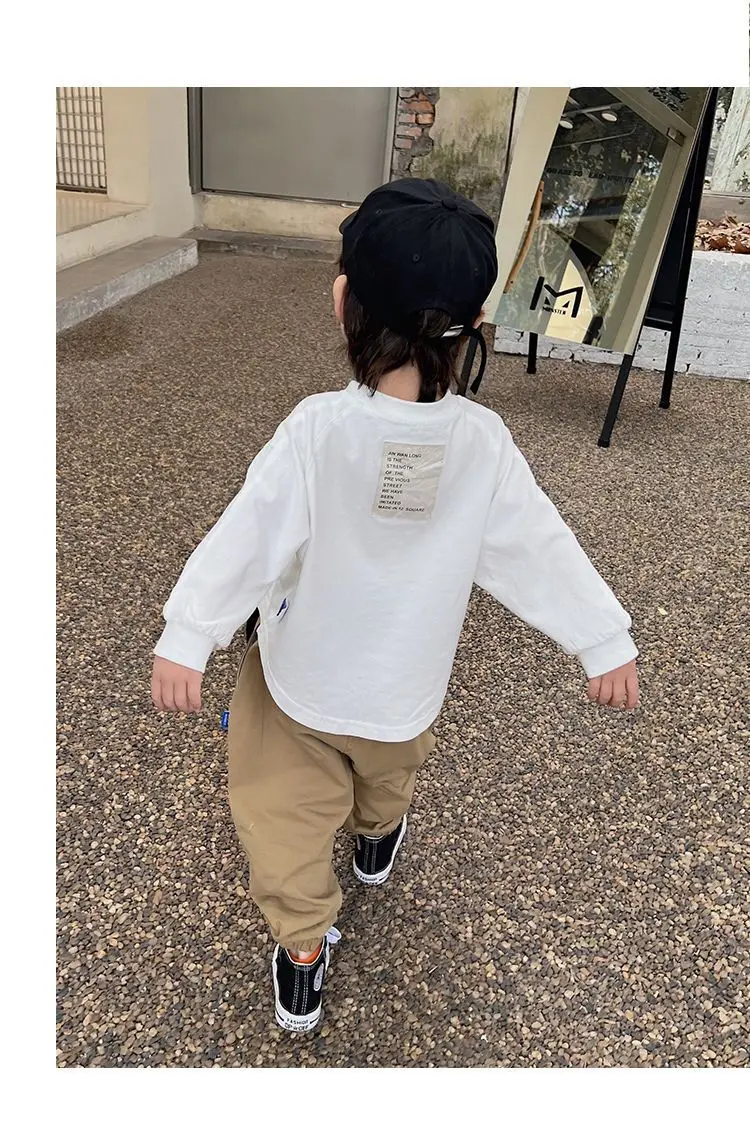 2024 Spring Autumn Fashion Boy Children Patch Letter Long Sleeve T-shirt Loose Girl Baby Bottoming Shirt Solid Kid Cotton Tops