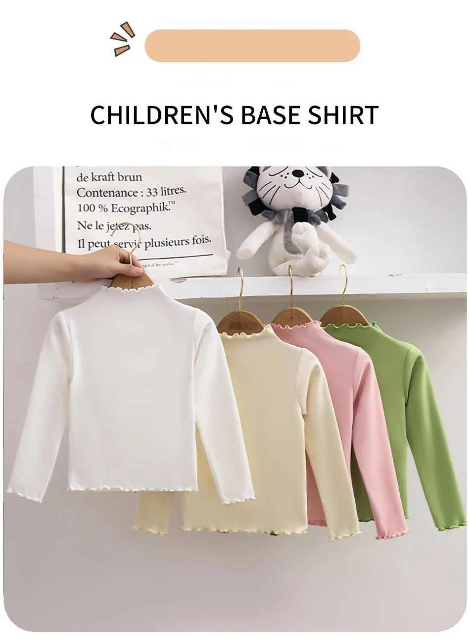 Autumn Winter Fashion Girl Long Sleeve T-Shirt with Ruffle Edges for Kids Soft and Warm Solid Color Children Casual Clothes Tops