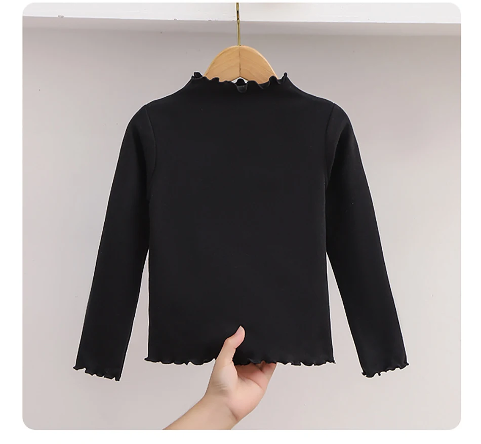 Autumn Winter Fashion Girl Long Sleeve T-Shirt with Ruffle Edges for Kids Soft and Warm Solid Color Children Casual Clothes Tops