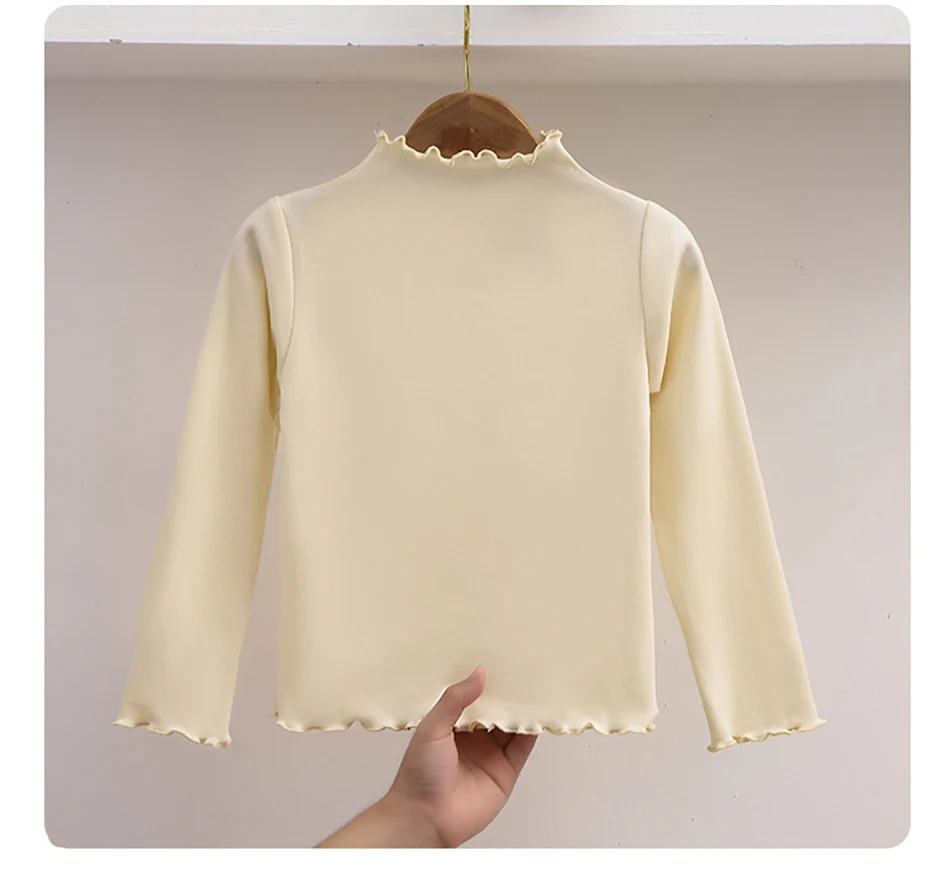 Autumn Winter Fashion Girl Long Sleeve T-Shirt with Ruffle Edges for Kids Soft and Warm Solid Color Children Casual Clothes Tops