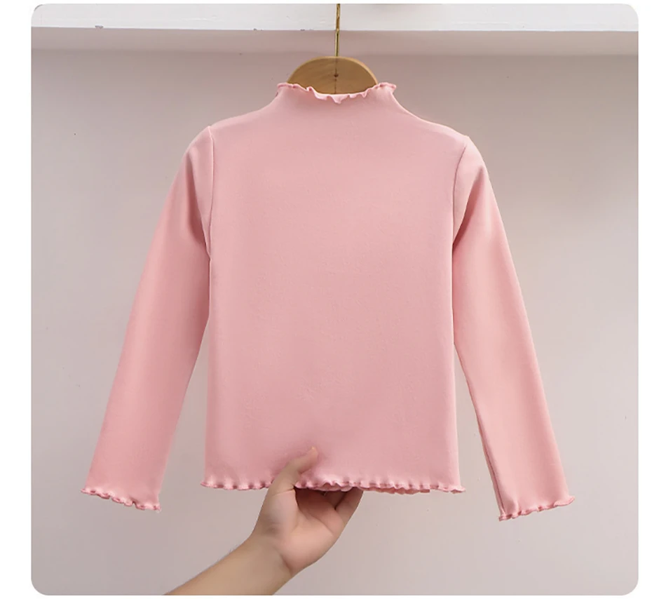 Autumn Winter Fashion Girl Long Sleeve T-Shirt with Ruffle Edges for Kids Soft and Warm Solid Color Children Casual Clothes Tops