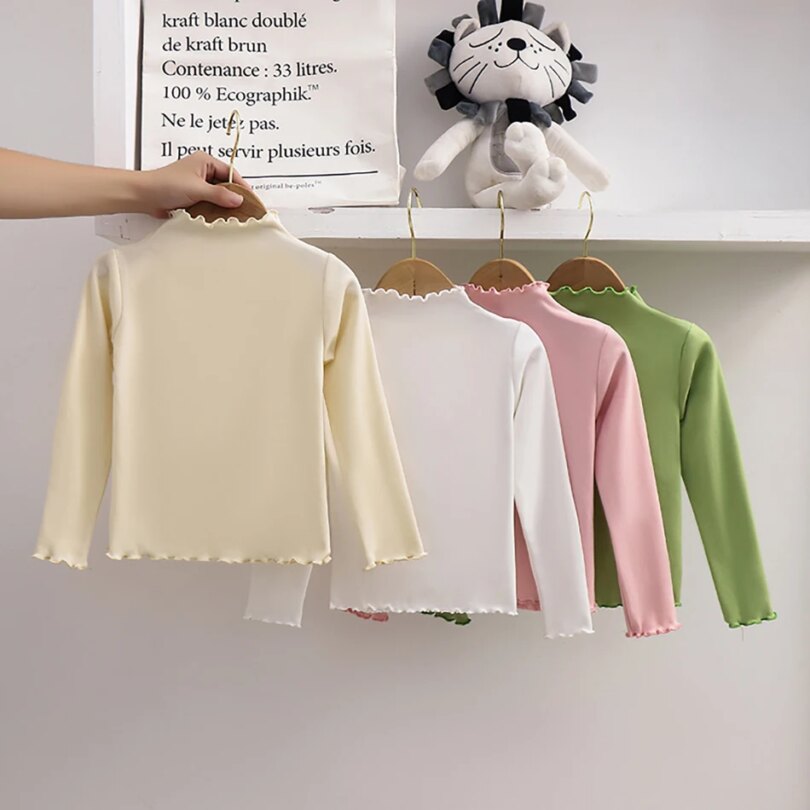 Autumn Winter Fashion Girl Long Sleeve T-Shirt with Ruffle Edges for Kids Soft and Warm Solid Color Children Casual Clothes Tops - Image 2