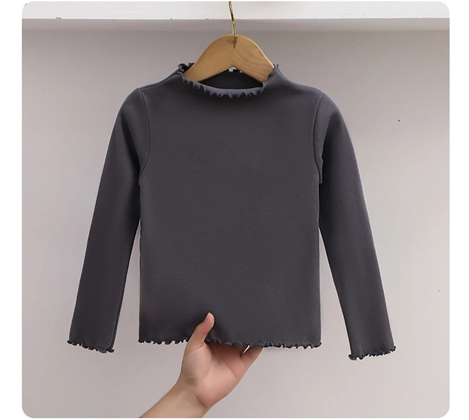 Autumn Winter Fashion Girl Long Sleeve T-Shirt with Ruffle Edges for Kids Soft and Warm Solid Color Children Casual Clothes Tops