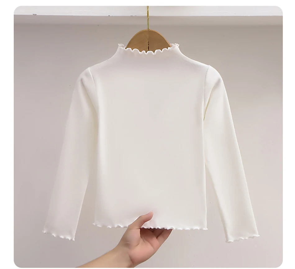 Autumn Winter Fashion Girl Long Sleeve T-Shirt with Ruffle Edges for Kids Soft and Warm Solid Color Children Casual Clothes Tops