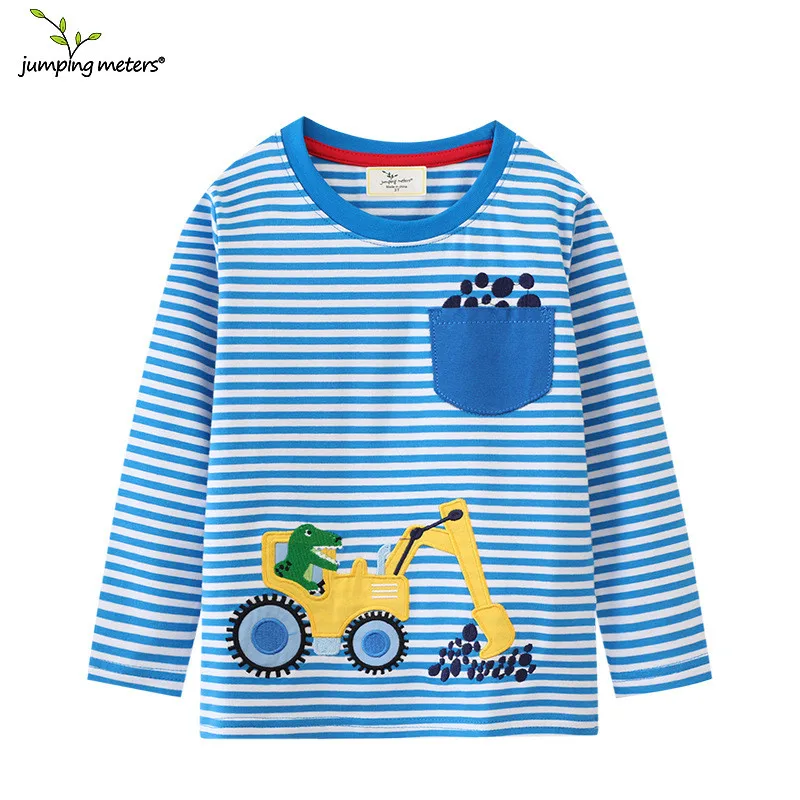 Jumping Meters 2-7T New Arrival Striped Animals Embroidery Boys Tshirts Autumn Winter Children's Clothes Long Sleeve Kids Tops