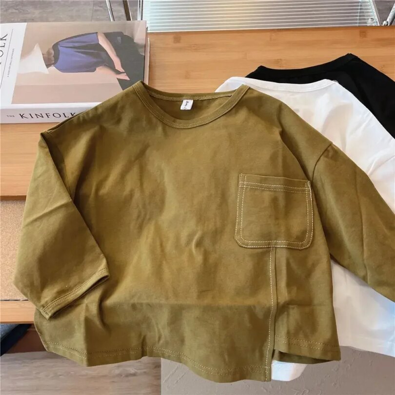 Boys Long-sleeved T-shirt Spring  Autumn Korean New Children Solid Color Irregular Bottoming Shirt Baby Autumn Inner Tops - Image 4