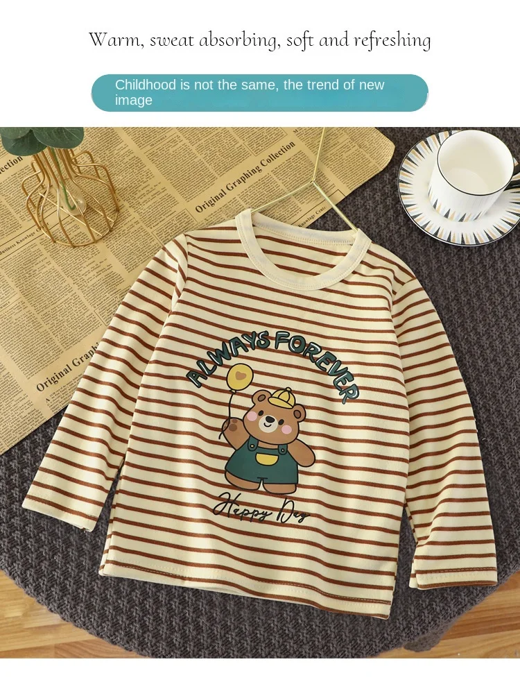 Baby Striped Shirt Autumn Winter Costume Child Boys Girls Cartoon Casual Loose Long-sleeved Tops Underwear