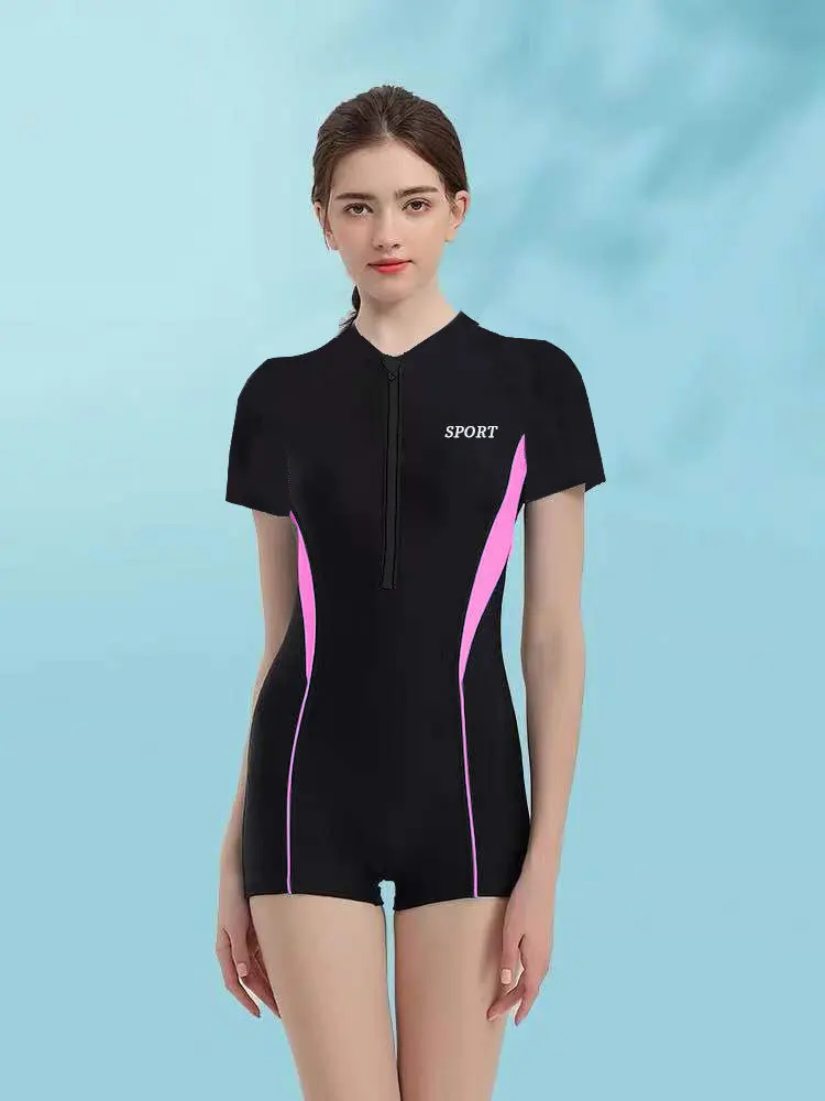 Women One Piece WaterProof Athletic Sun Protection Beach SwimWear Short Sleeve Quick-Drying Bathing Surfing SwimSuit