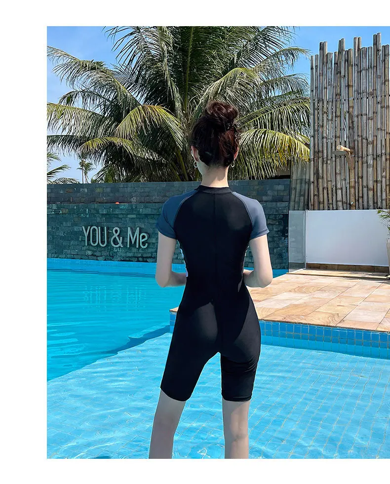 Women One Piece WaterProof Athletic Sun Protection Beach SwimWear Short Sleeve Quick-Drying Bathing Surfing SwimSuit