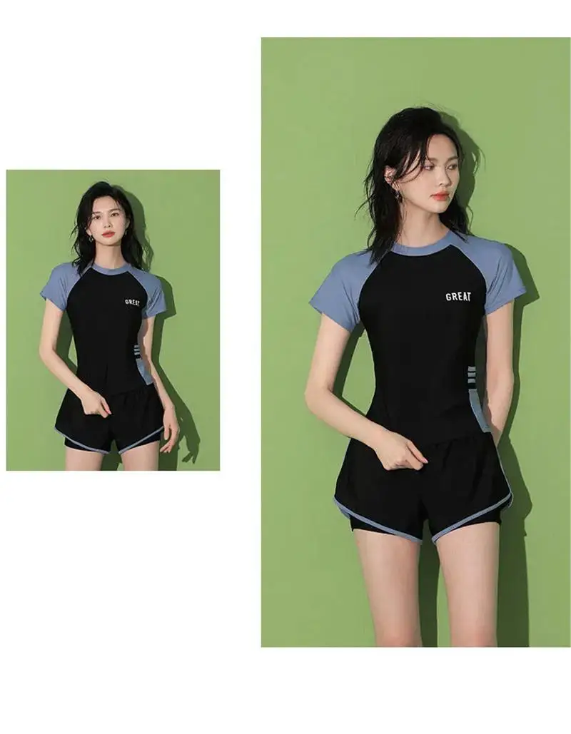 Fashion Women's Swimming Suit Ladies Patchwork Short Sleeve Swimwear 2023 Sports Pool Beachwear Two Piece Swimsuit With Shorts