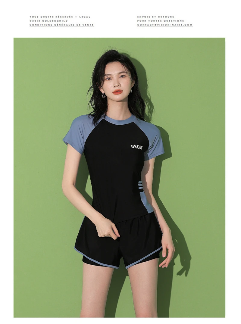 Fashion Women's Swimming Suit Ladies Patchwork Short Sleeve Swimwear 2023 Sports Pool Beachwear Two Piece Swimsuit With Shorts