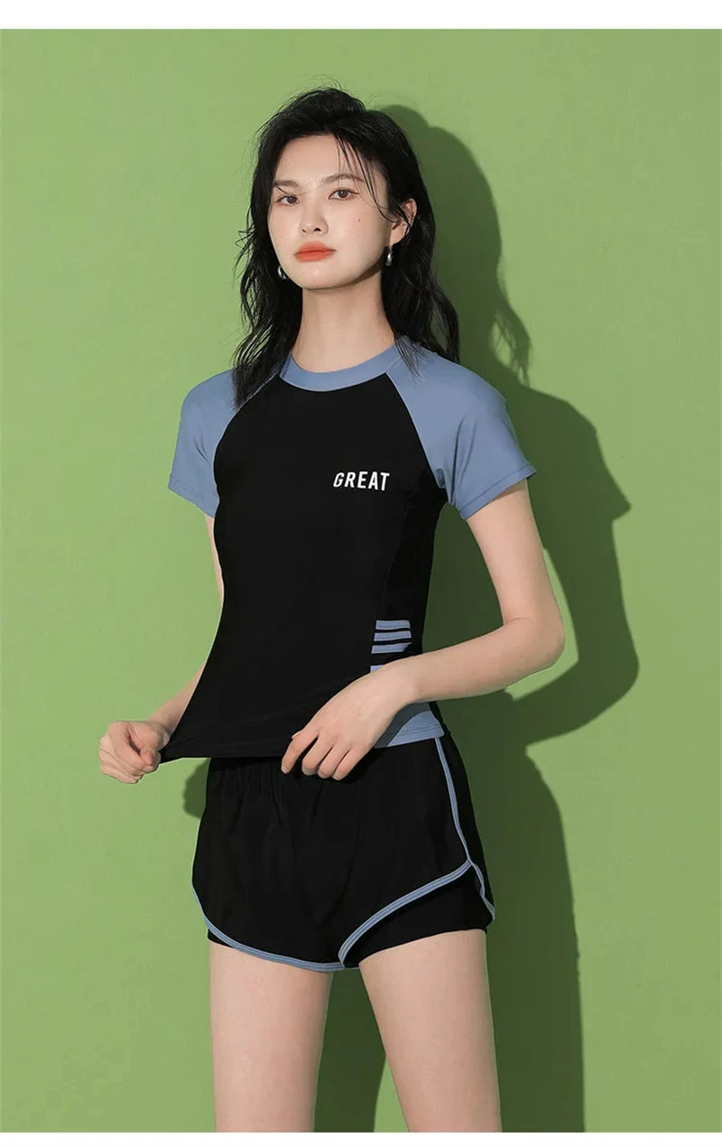 Fashion Women's Swimming Suit Ladies Patchwork Short Sleeve Swimwear 2023 Sports Pool Beachwear Two Piece Swimsuit With Shorts