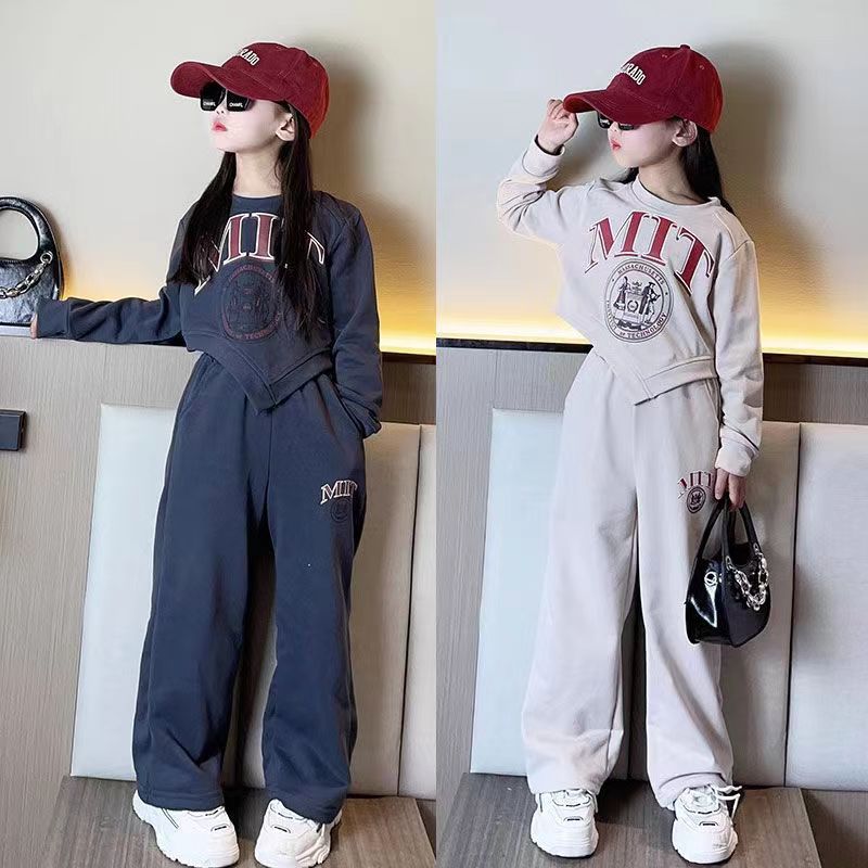 Spring Autumn Girls Alphabet Irregular Cropped Sweatshirt+Loose Sweatpant Set School Kids Tracksuit Child Jogging Outfit 5-16Yrs