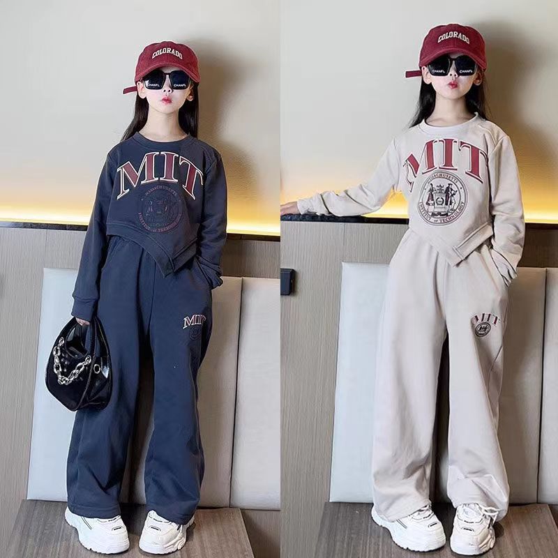 Spring Autumn Girls Alphabet Irregular Cropped Sweatshirt+Loose Sweatpant Set School Kids Tracksuit Child Jogging Outfit 5-16Yrs