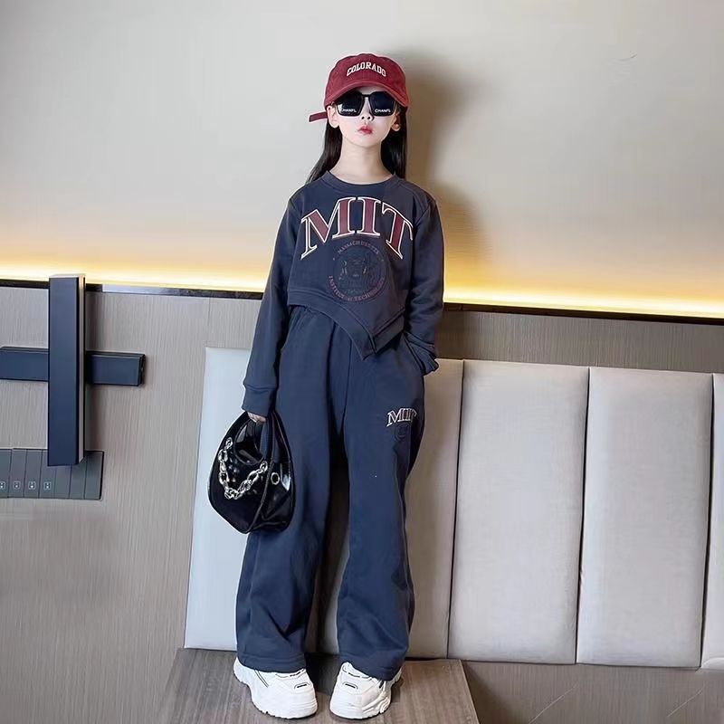 Spring Autumn Girls Alphabet Irregular Cropped Sweatshirt+Loose Sweatpant Set School Kids Tracksuit Child Jogging Outfit 5-16Yrs