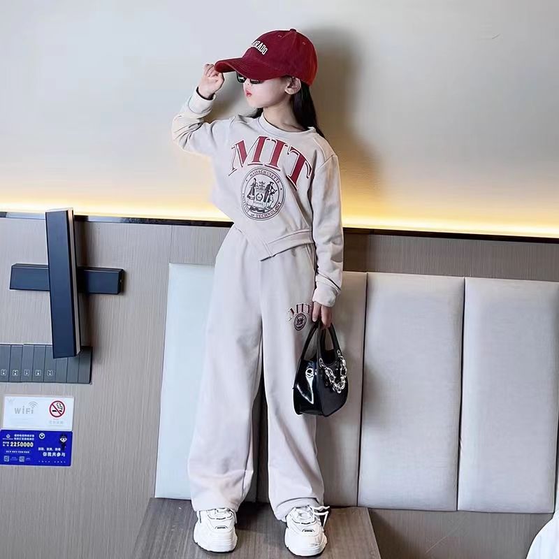 Spring Autumn Girls Alphabet Irregular Cropped Sweatshirt+Loose Sweatpant Set School Kids Tracksuit Child Jogging Outfit 5-16Yrs