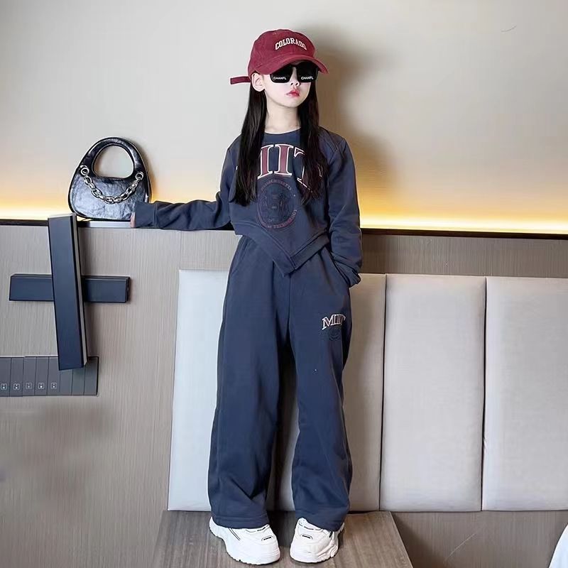 Spring Autumn Girls Alphabet Irregular Cropped Sweatshirt+Loose Sweatpant Set School Kids Tracksuit Child Jogging Outfit 5-16Yrs