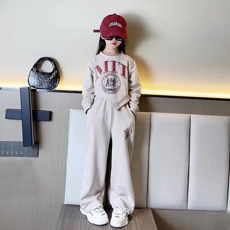 Spring Autumn Girls Alphabet Irregular Cropped Sweatshirt+Loose Sweatpant Set School Kids Tracksuit Child Jogging Outfit 5-16Yrs