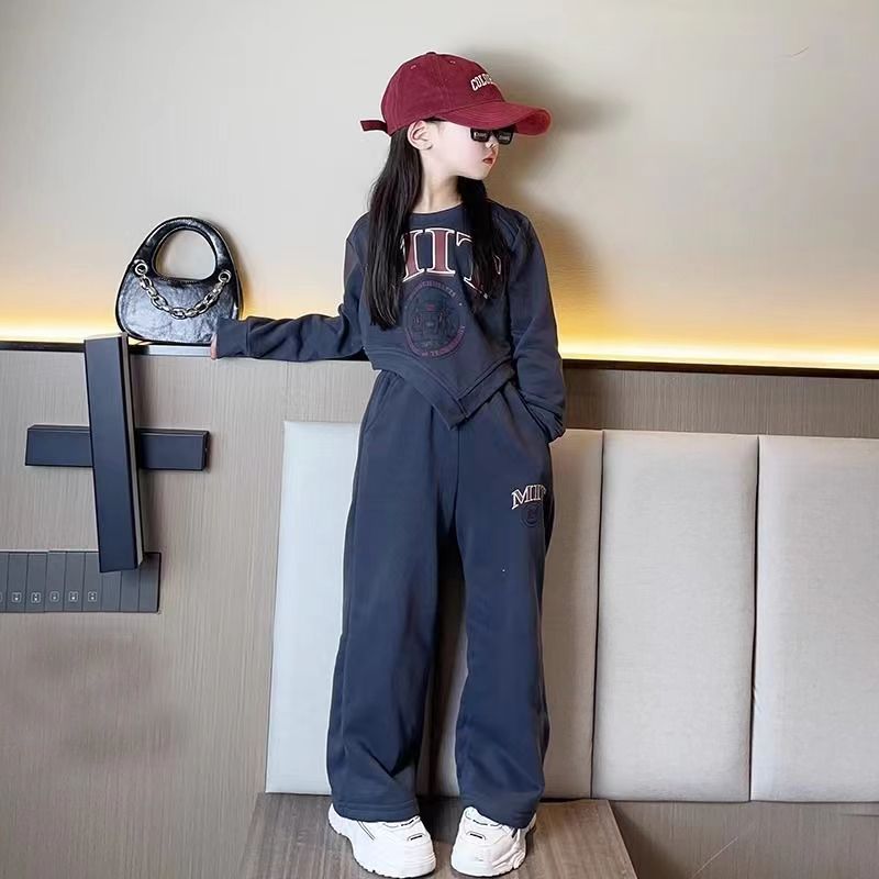 Spring Autumn Girls Alphabet Irregular Cropped Sweatshirt+Loose Sweatpant Set School Kids Tracksuit Child Jogging Outfit 5-16Yrs