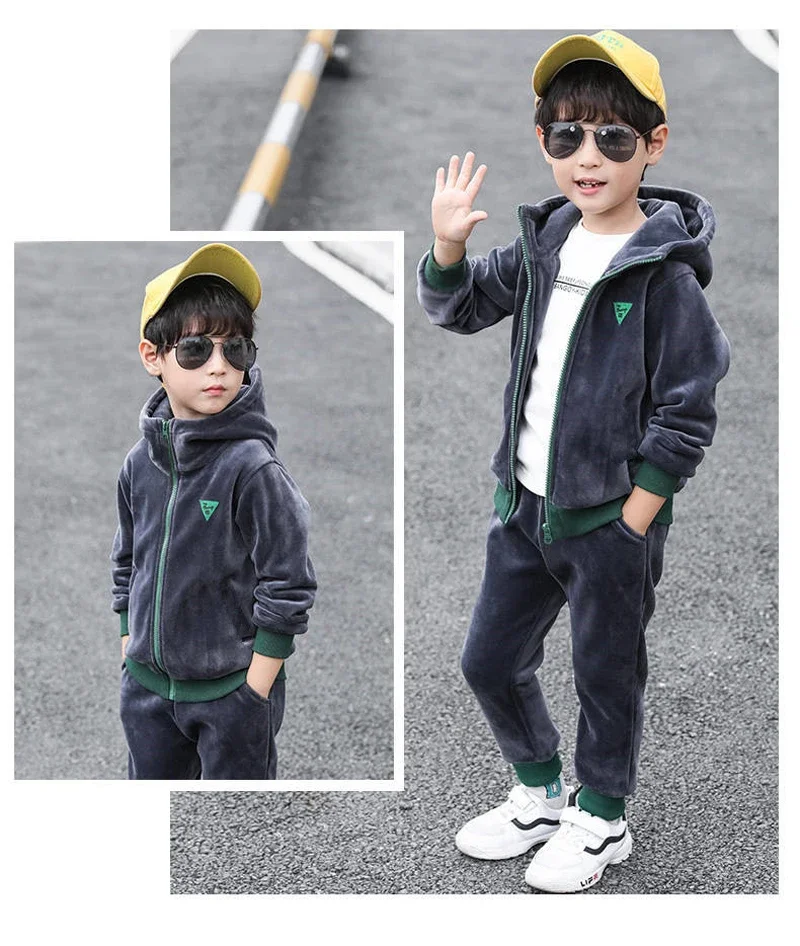 Children Clothing Set Double-sided Velvet Fashion Letter Hooded 2PCS Hoodies Coat +Pants Kids Boys Tracksuit for Autumn Winter