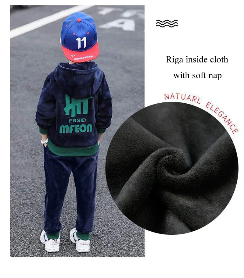 Children Clothing Set Double-sided Velvet Fashion Letter Hooded 2PCS Hoodies Coat +Pants Kids Boys Tracksuit for Autumn Winter