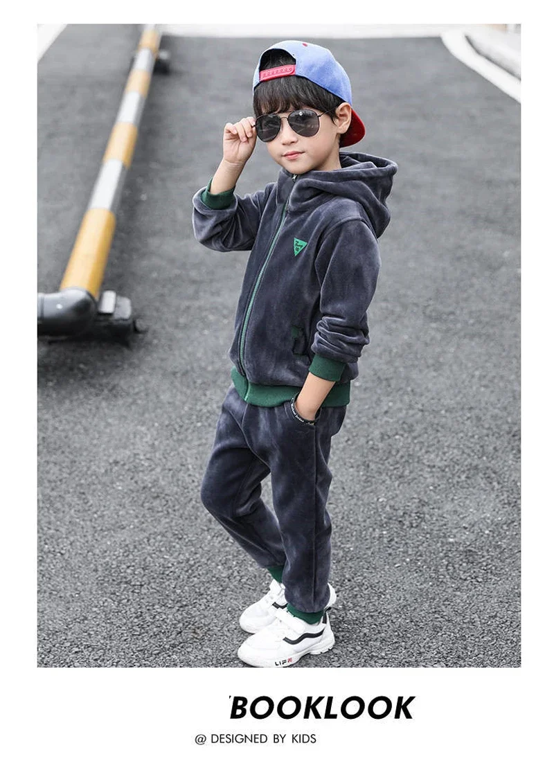 Children Clothing Set Double-sided Velvet Fashion Letter Hooded 2PCS Hoodies Coat +Pants Kids Boys Tracksuit for Autumn Winter