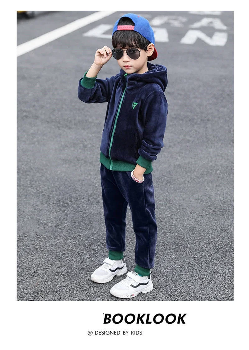 Children Clothing Set Double-sided Velvet Fashion Letter Hooded 2PCS Hoodies Coat +Pants Kids Boys Tracksuit for Autumn Winter