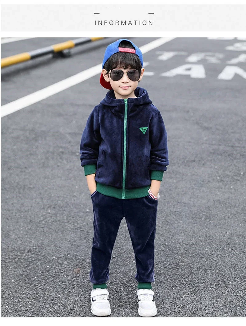 Children Clothing Set Double-sided Velvet Fashion Letter Hooded 2PCS Hoodies Coat +Pants Kids Boys Tracksuit for Autumn Winter