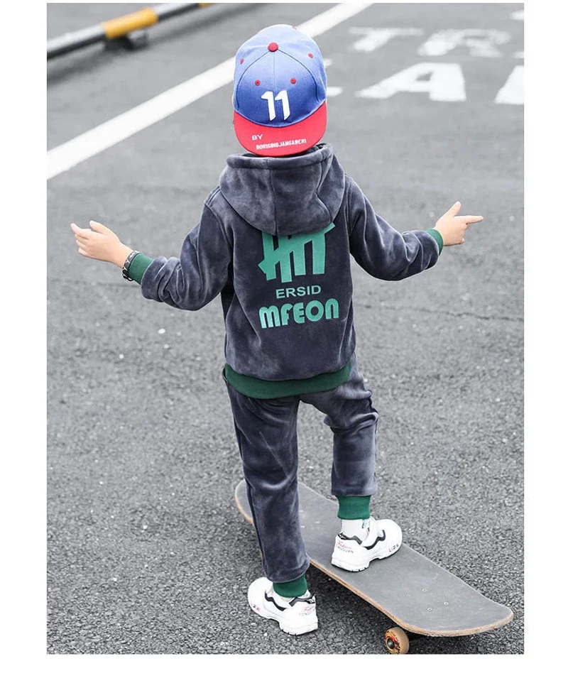 Children Clothing Set Double-sided Velvet Fashion Letter Hooded 2PCS Hoodies Coat +Pants Kids Boys Tracksuit for Autumn Winter