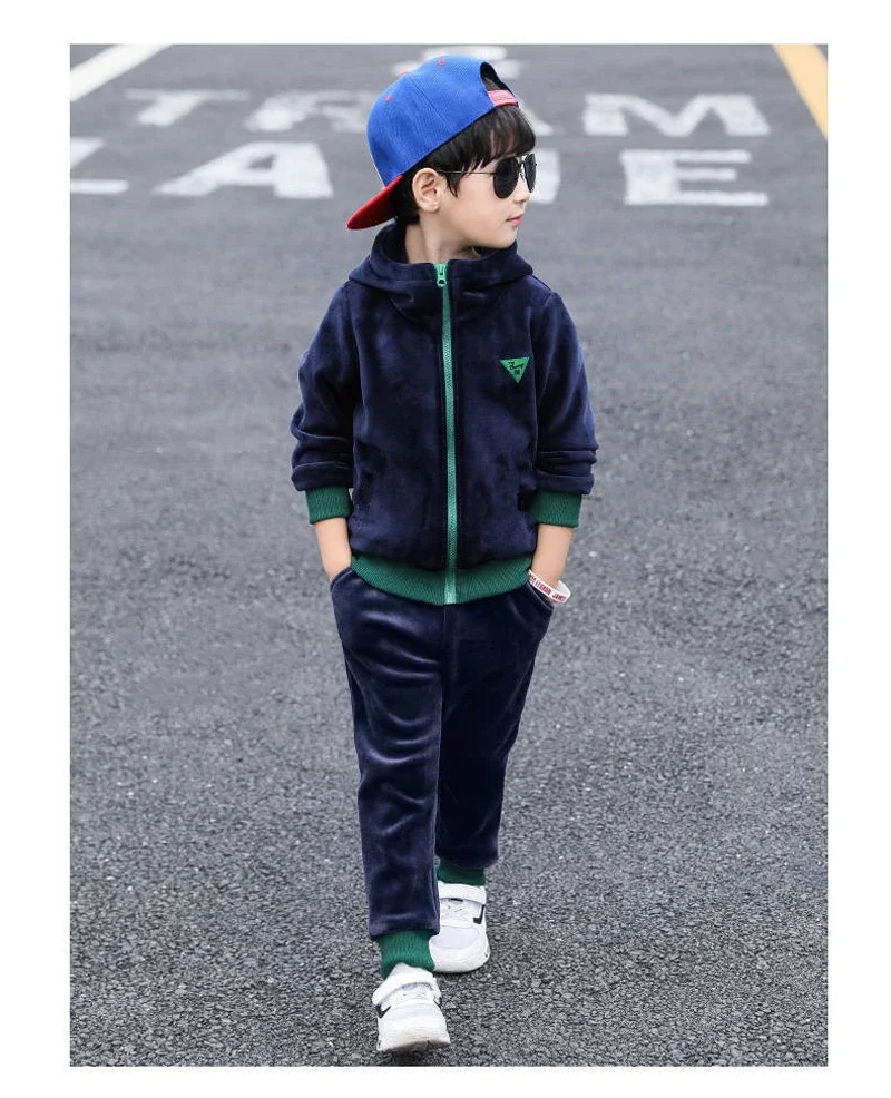 Children Clothing Set Double-sided Velvet Fashion Letter Hooded 2PCS Hoodies Coat +Pants Kids Boys Tracksuit for Autumn Winter