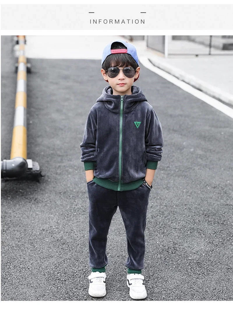 Children Clothing Set Double-sided Velvet Fashion Letter Hooded 2PCS Hoodies Coat +Pants Kids Boys Tracksuit for Autumn Winter