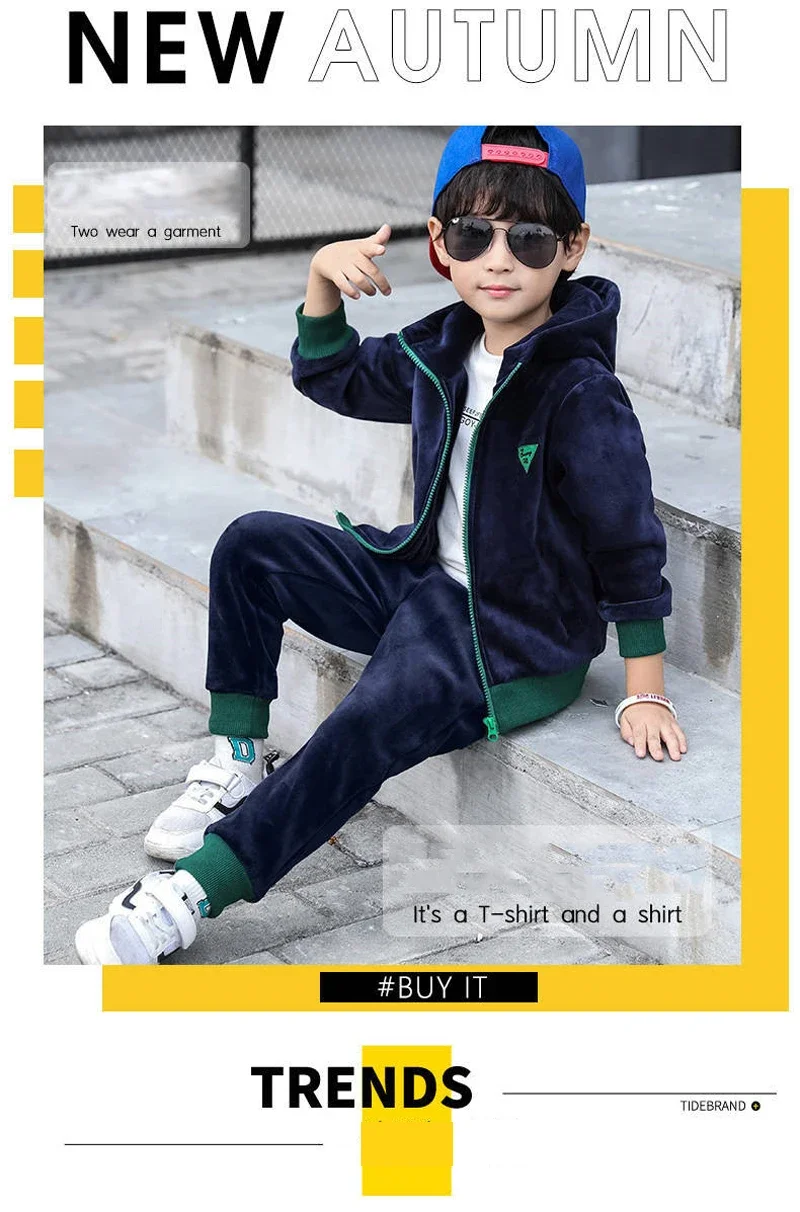 Children Clothing Set Double-sided Velvet Fashion Letter Hooded 2PCS Hoodies Coat +Pants Kids Boys Tracksuit for Autumn Winter