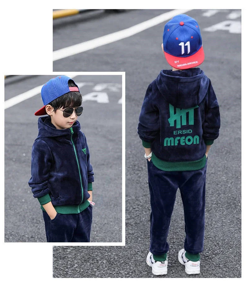 Children Clothing Set Double-sided Velvet Fashion Letter Hooded 2PCS Hoodies Coat +Pants Kids Boys Tracksuit for Autumn Winter