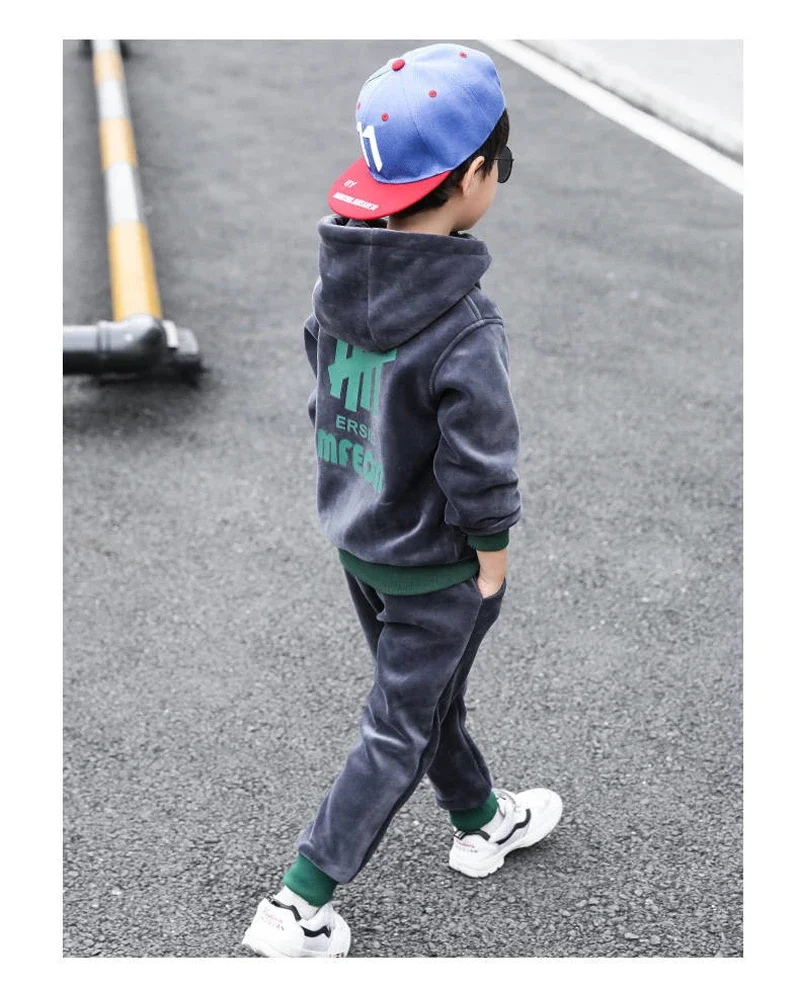 Children Clothing Set Double-sided Velvet Fashion Letter Hooded 2PCS Hoodies Coat +Pants Kids Boys Tracksuit for Autumn Winter