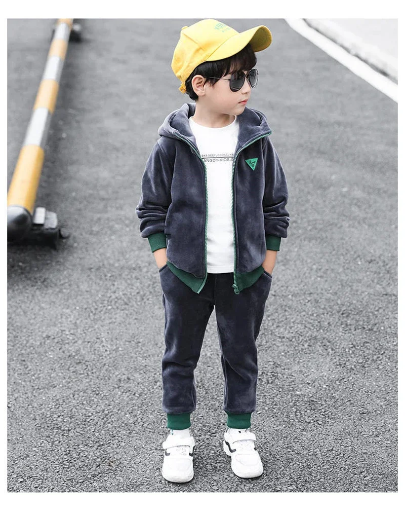 Children Clothing Set Double-sided Velvet Fashion Letter Hooded 2PCS Hoodies Coat +Pants Kids Boys Tracksuit for Autumn Winter