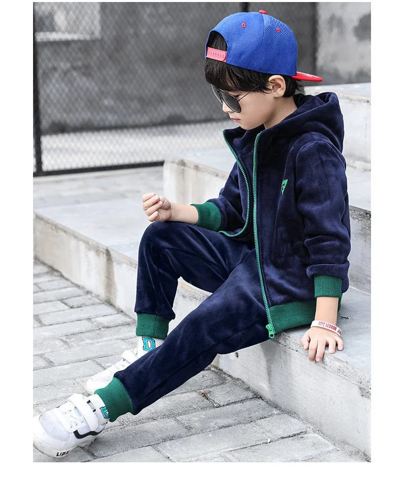 Children Clothing Set Double-sided Velvet Fashion Letter Hooded 2PCS Hoodies Coat +Pants Kids Boys Tracksuit for Autumn Winter